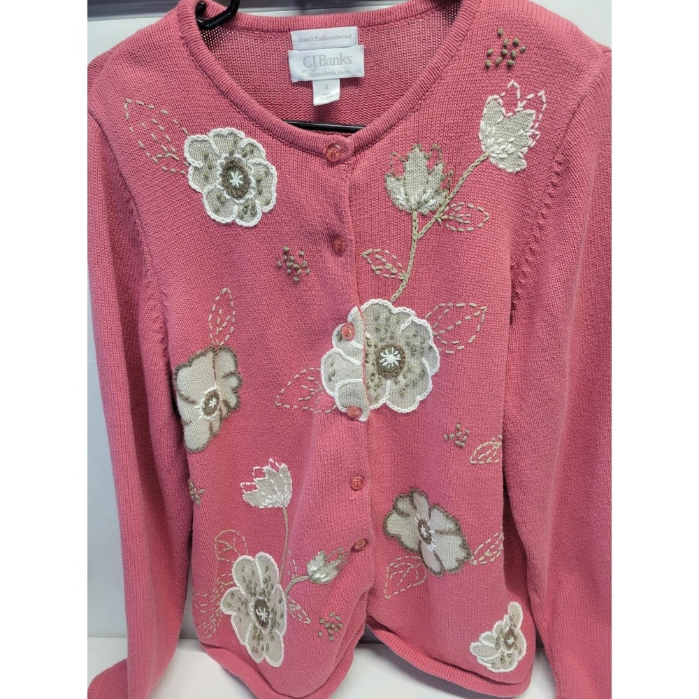 CJ Banks Womens Pink Hand Embroidered Floral Button Cardigan Sweater XL